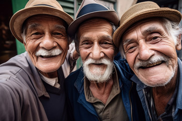 друзья пожилого мужчины фотографируют селфи. генеративный контент - yliv