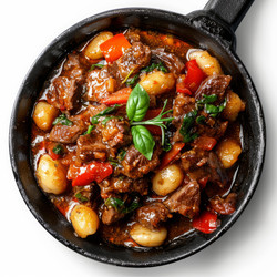 Beef stew with gnocchi, red peppers and herbs in a cast iron pan - yliv