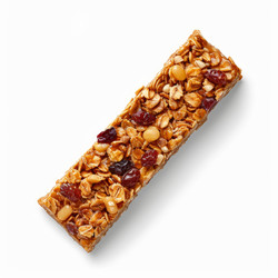 Single granola bar with rolled oats, nuts, and berries is laying on a white background - yliv