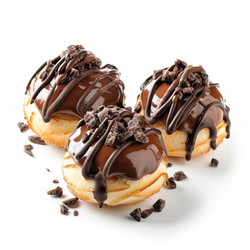 Three round waffles topped with melted chocolate and chocolate shavings on a white background - yliv