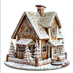 пряничный домик, украшенный белой глазурью и окруженный заснеженными соснами - yliv