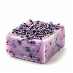 Purple soap bar with dried lavender flowers on white background, promoting aromatherapy and relaxation - yliv