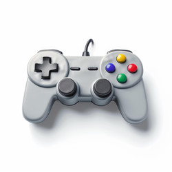 Gray video game controller with colorful buttons is lying on a white surface - yliv