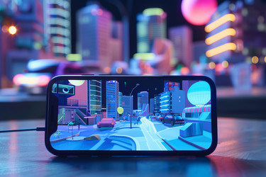 Smartphone displaying 3d metaverse city simulation at night with blurred background - yliv