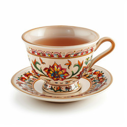 Elegant tea cup with vibrant floral design holding a warm beverage, resting on a matching saucer, perfect for a cozy teatime experience - yliv