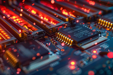 Electronic circuit board with a cpu processing data and illuminating red lights - yliv