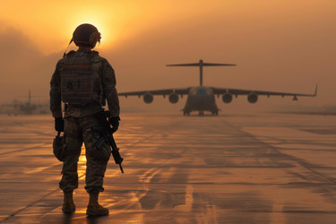 Us air force loadmaster standing on airfield at sunset with c 17 globemaster iii - yliv