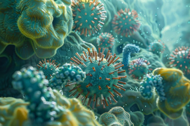 Microscopic view of coronavirus covid 19 cells floating through a human body attacking cells - yliv