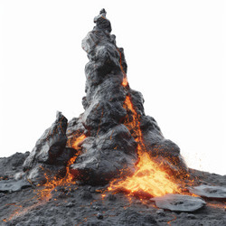 Molten lava erupting from volcano flowing down rocky mountain on white background, creating dramatic volcanic landscape - yliv