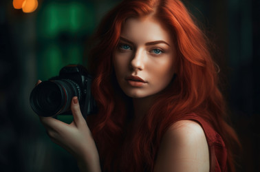 страстная огненная модель с фотоаппаратом. пылкий рыжий фотограф со съемочным оборудованием. генеративный контент - yliv