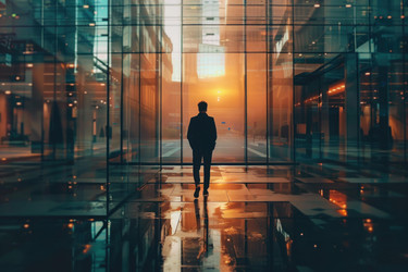 Businessman looking at sunset through office building windows - yliv
