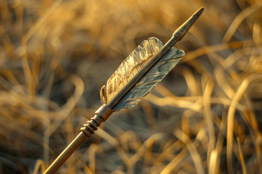 Sharp metal arrow with feather fletching is lying on dry grass at sunset - yliv