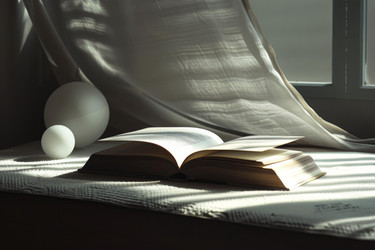 открытая книга лежит на подоконнике, солнечный свет струится через окно и отбрасывает тени от занавески - yliv
