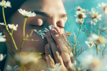 Beautiful young woman smelling chamomile flowers with eyes closed enjoying summer - yliv