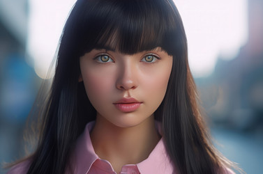 Teenager girl with bang and long black hair portrait. Generate ai - yliv