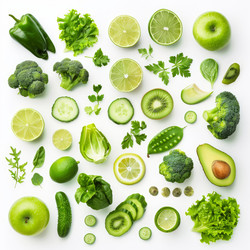 Green vegetables and fruits are laying on a white background, providing healthy vitamins and minerals - yliv