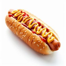 Delicious hot dog with ketchup and mustard on a sesame seed bun - yliv