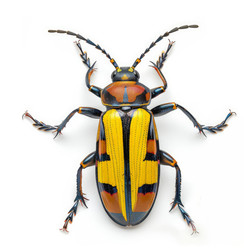Studio shot of a colorful frog legged leaf beetle, displaying its yellow, orange, and black markings - yliv