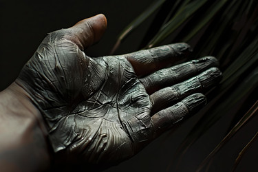 Construction worker showing his dirty hand covered with tar after work - yliv