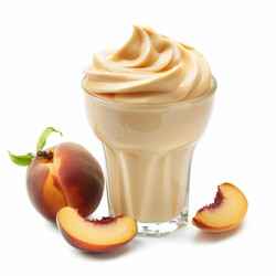 Peach milkshake with whipped cream served in a tall glass, accompanied by fresh peaches, creating a refreshing and flavorful beverage - yliv