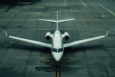 Modern private business jet airplane is parked on an empty runway at an airport - yliv
