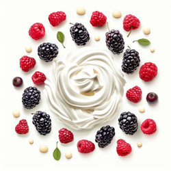 Delicious meringue cake decorated with fresh blackberries and raspberries on white background - yliv
