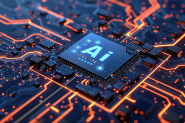 Cpu is glowing with ai inscription on a motherboard with luminous lines, symbolizing the power of artificial intelligence - yliv