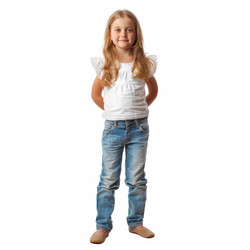 Smiling young girl standing with hands behind back on white background - yliv