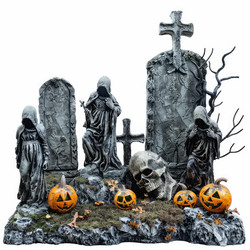 Halloween cemetery statues with pumpkins and crosses depicting haunted graveyard - yliv