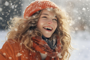 Cheerful young woman with curly blonde hair laughing and enjoying a snowy winter day outdoors - yliv