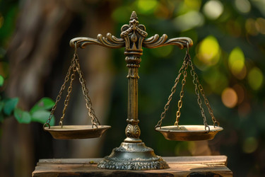 Старинные весы представляют справедливости и права, опираясь на деревянную поверхность с естественным фоном - yliv