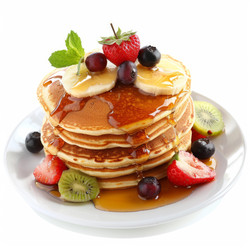 Delicious pancakes with banana slices, strawberries, blueberries, kiwi and mint are lying on white plate - yliv