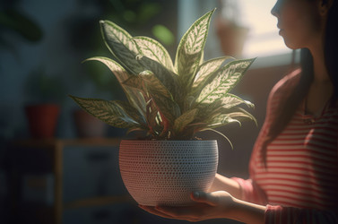 Woman leaf potted houseplant. Generate AI - yliv