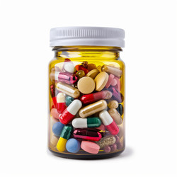 Colorful pills and capsules filling a brown glass medicine bottle - yliv