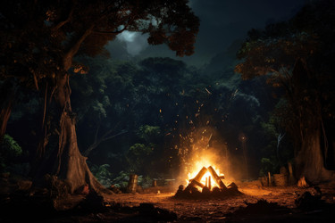 Bonfire burning brightly in dark forest at night with moon visible through trees - yliv