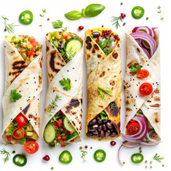 Four vegan wraps filled with various fresh vegetables, legumes, and herbs, creating a vibrant and healthy meal option - yliv