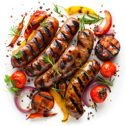 Вкусные колбаски гриль и овощи на белом фоне - yliv