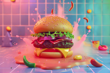 вкусный бургер, взрывающийся сочными ингредиентами на красочном фоне - yliv