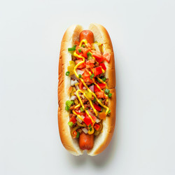 Tasty hot dog with mustard, chili, chopped tomatoes, onions and peppers lying on a white background - yliv