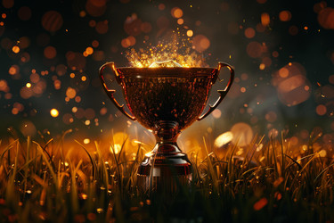 Golden trophy with sparks celebrating victory standing on grass at night - yliv