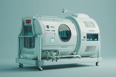 Modern hyperbaric oxygen therapy chamber standing on a turquoise background is being prepared for a treatment - yliv