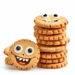 Stack of crispy round cookies decorated with chocolate icing smiling on white background - yliv