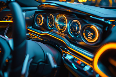 Interior of modern car glowing at night showing the dashboard, speedometer, fuel gauge and interior lights - yliv