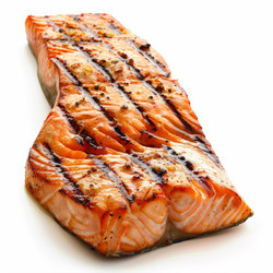 Delicious grilled salmon fillet seasoned with herbs and spices, isolated on a white background - yliv
