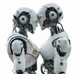 Two white futuristic robots with similar builds standing face to face - yliv