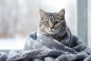 Серая кошка, завернутая в одеяло, смотрит в окно во время снегопада - yliv