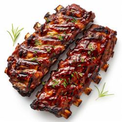 две порции вкуснейших свиных ребрышек барбекю, политых соусом и украшенных розмарином - yliv