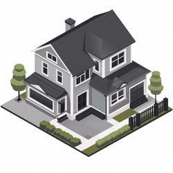 Isometric building with trees and bushes surrounding it on green grass - yliv