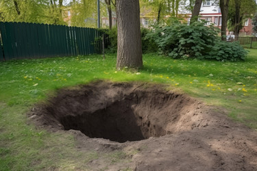выкопал круглую глубокую могилу на заднем дворе. сад округлые копать во дворе почвы. генеративный контент - yliv