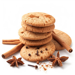 Freshly baked snickerdoodle cookies are stacked high, accompanied by cinnamon sticks, star anise, and cloves, creating a warm and inviting scene - yliv